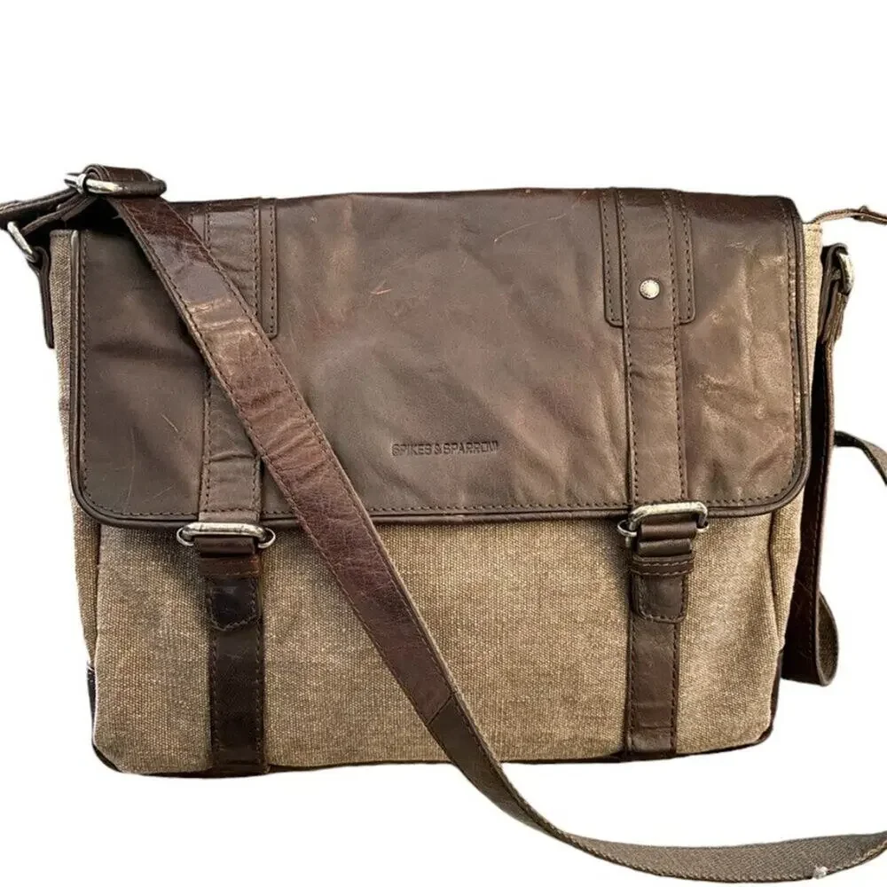 SPIKES & SPARROW Brown Leather Canvas Briefcase Messenger Laptop Bag